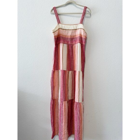 Faherty Striped Tiered Cotton Maxi Dress Sunset Pink Multi Size Large - Picture 2 of 6